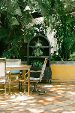 A patio with a table and chairs and plants