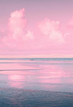 Serene beachscape with pink clouds and reflections at dawn.