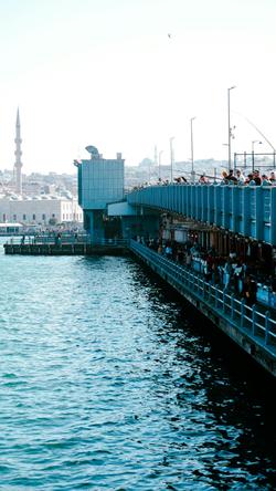 View of the Galata Bridge with people and Istanbul skyline including a mosque in the background.