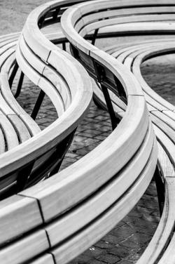 Curved wooden benches in an artistic black and white capture, showing intricate design.