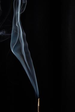A graceful swirl of incense smoke rising against a dark backdrop, creating an artistic composition.