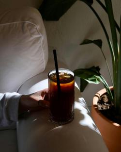 Relaxing indoors with a refreshing iced coffee beside lush greenery.