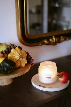 Warm and inviting autumn setting with gourds, grapes, and a lit candle.